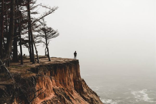 Man on cliff edge overlooking sea