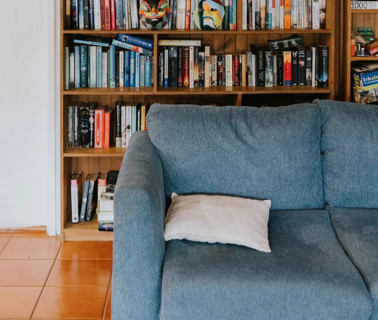 Couch with a bookshelf behind it